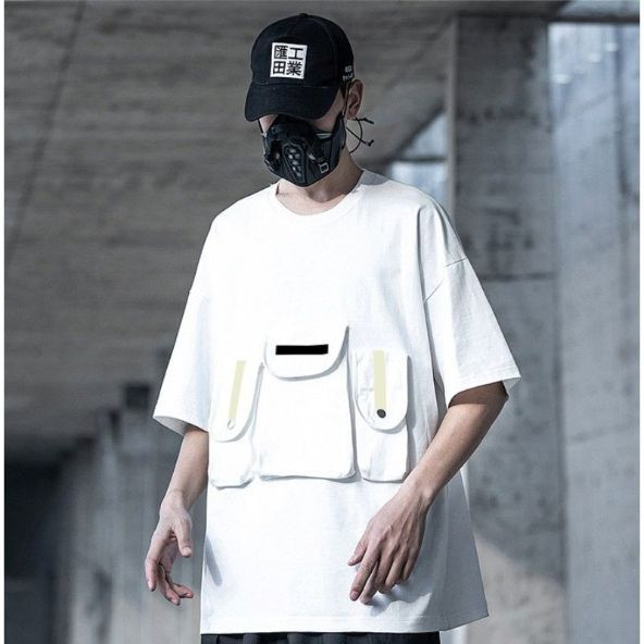 Men's Techwear T-Shirt With Unique Pocket Design-White