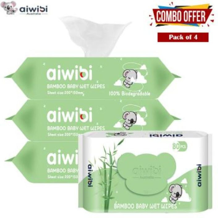 Aiwibi Bamboo Baby Wet Wipes 80Pcs - Pack Of 4