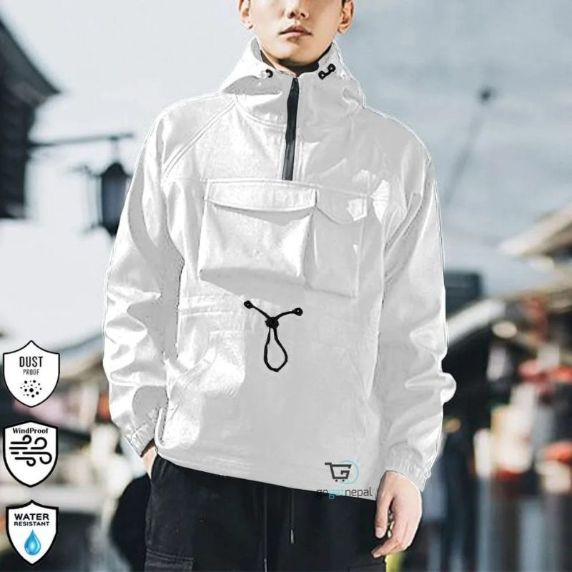 Men's Tactical Streatwear Hoodie Water Repellent 2 Layer(Net Inside) Windbreaker Light Jacket(Kangaroo Jacket)- White