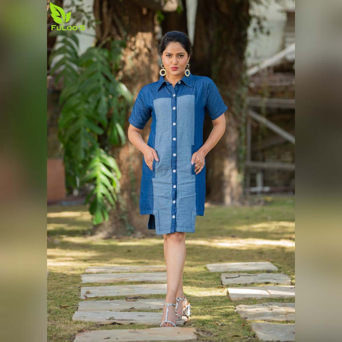 Fuloo's Cali Blue Solid Denim Dress for Women