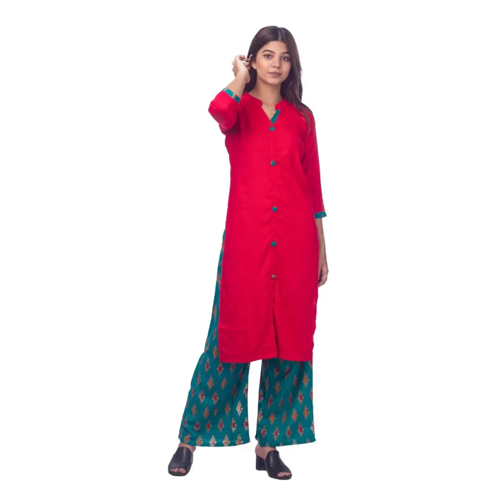 Red/ Blue Front Buttoned Designed Kurta Palazzo Set For Women