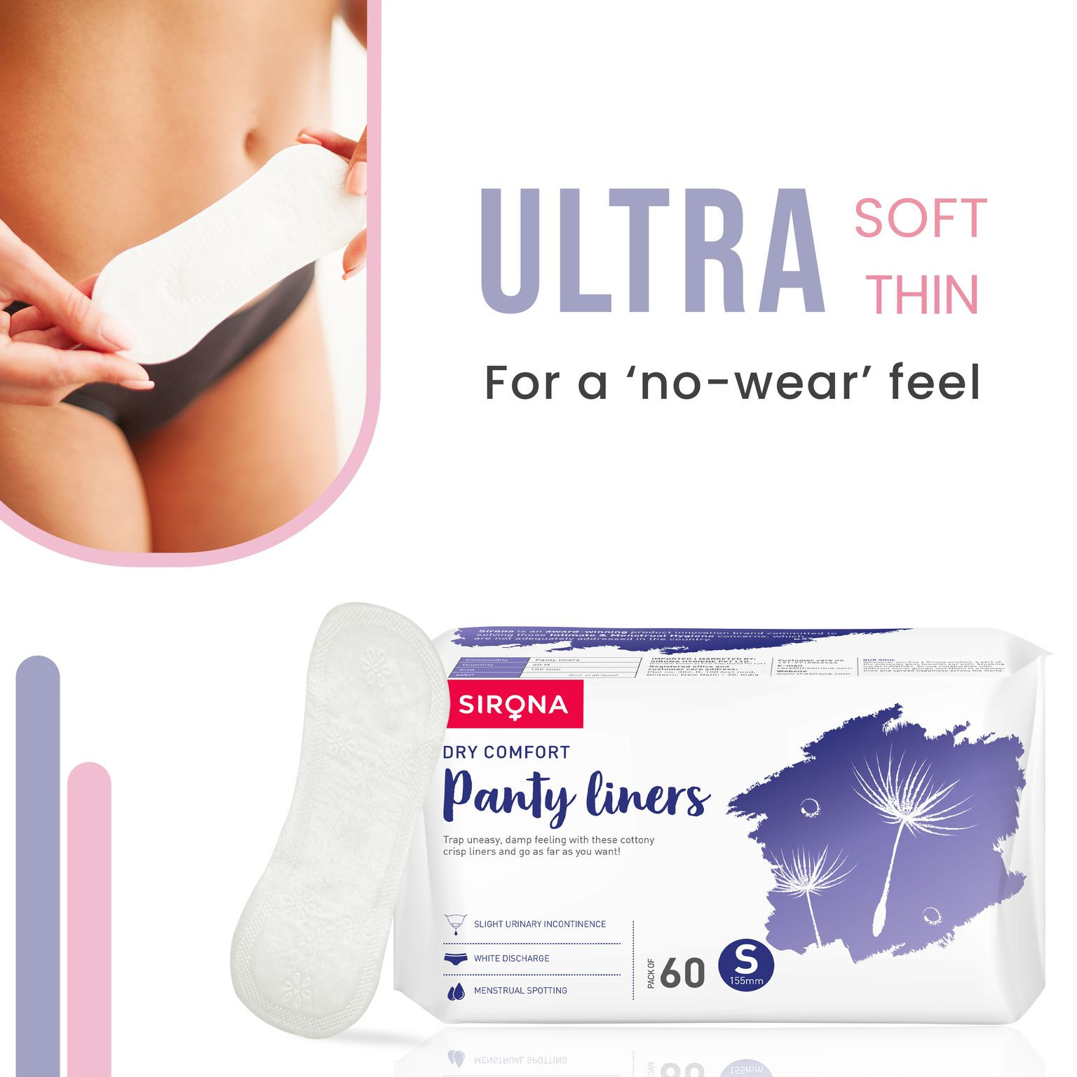 Sirona Ultra-Thin Premium Panty Liners (Regular Flow) ? 60 Counts - Large