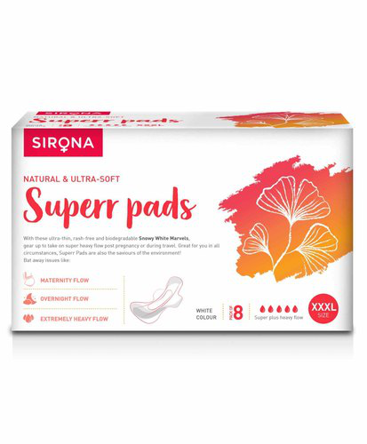 Sirona Natural Ultra Soft Superr Pads - 8 Pieces (420Mm) For Maternity Flow, Overnight Flow And Extremely Heavy Flow