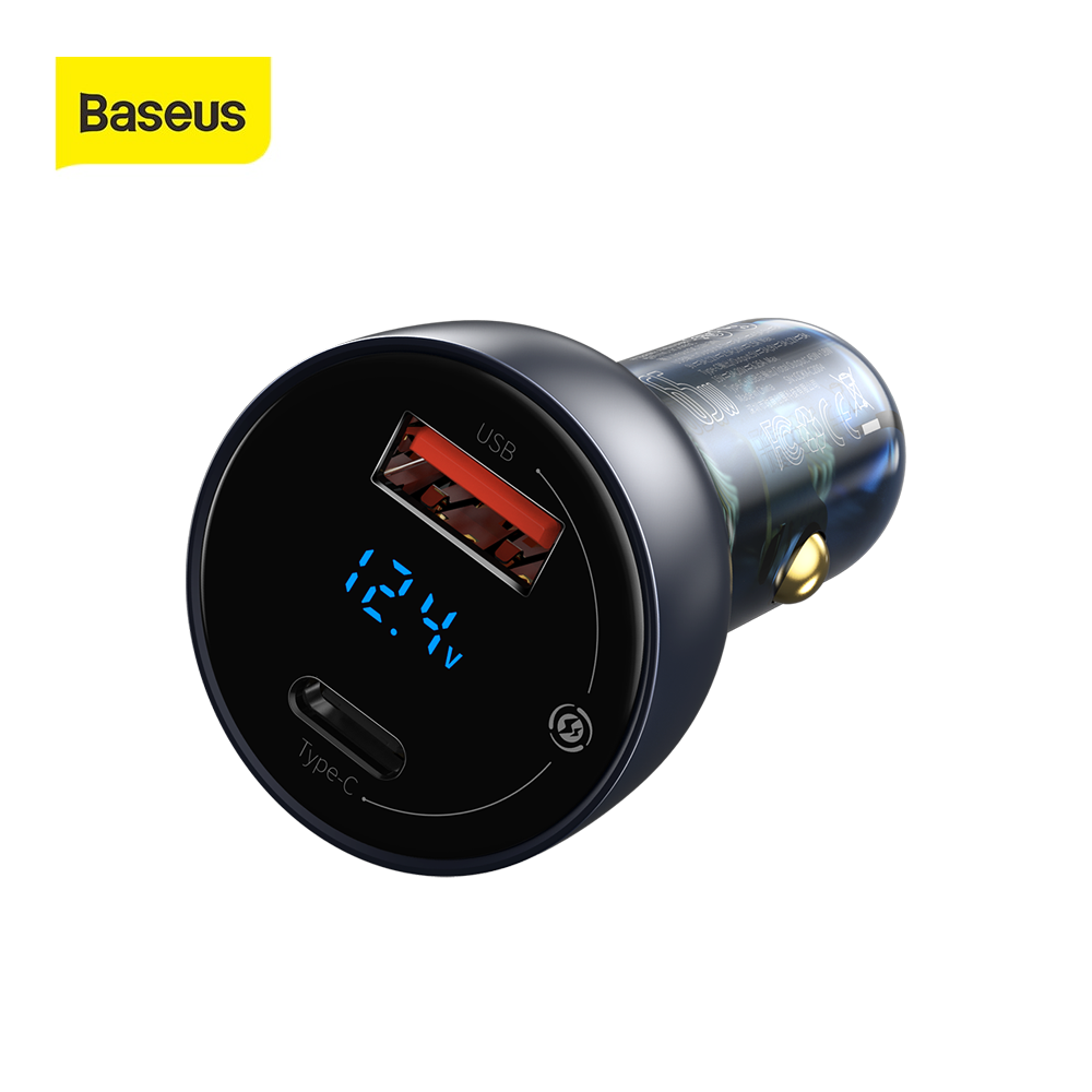 Baseus Digital Display Pps Dual Quick Charger Car Charger 65W With Mini Cable Type-C To Type-C 60W（20V/3A）Black 1M