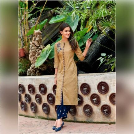 FuLoo's Galaxy Pure Cotton Embroidered Kurti With Embroidered Bottom for Women #03