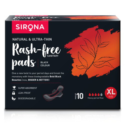 Sirona Biodegradable Super Soft Black Sanitary Pads/Napkins, Antibacterial, Ultra Thin And Rash Free Protection - Extra Large - 10 Count (310 Mm)