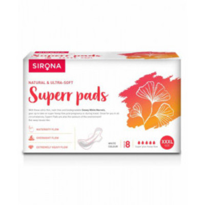 Sirona Natural Ultra Soft Superr Pads - 8 Pieces (420Mm) For Maternity Flow, Overnight Flow And Extremely Heavy Flow