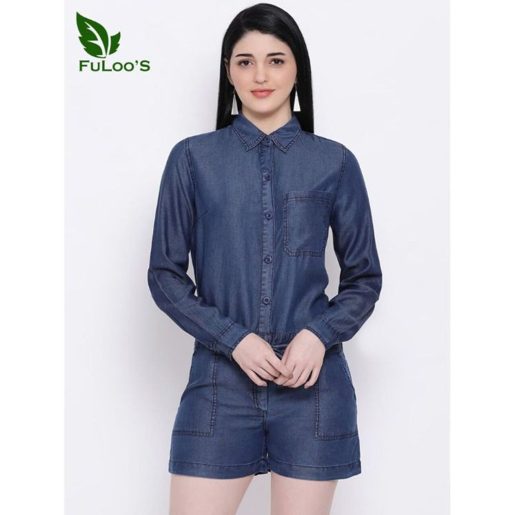 Fuloo's Denim Playsuit in Navy blue for Women