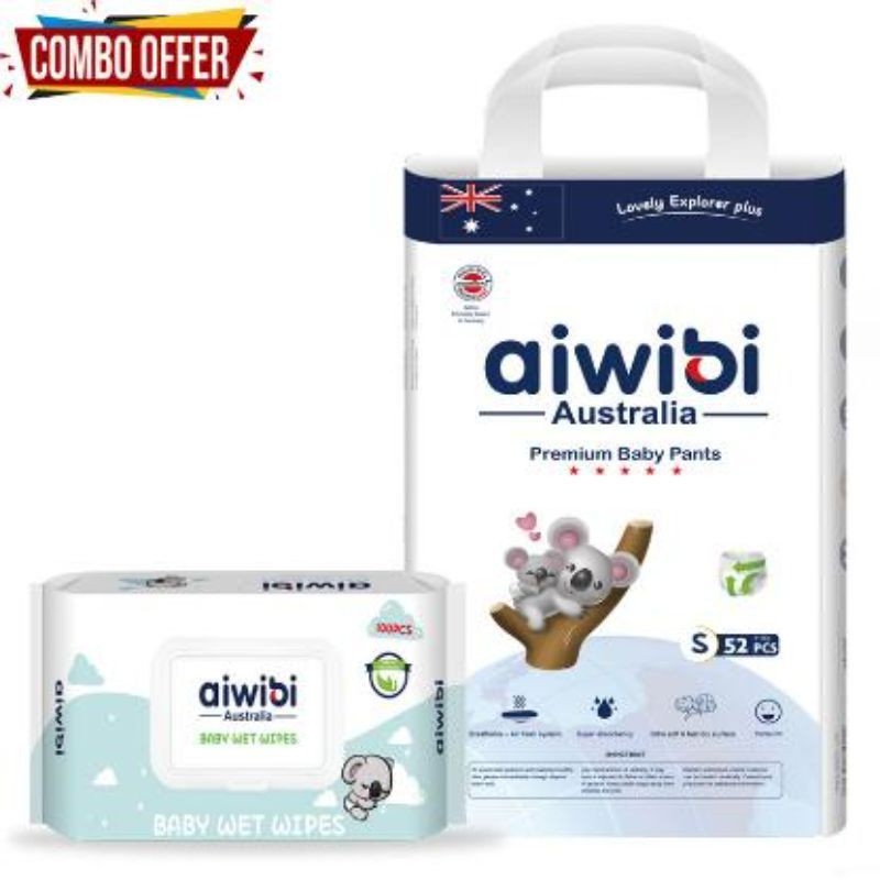 Aiwibi Disposable Breathable Baby Diapers With Elastic Waistband Medium 48Pcs With Baby Wet Wipes