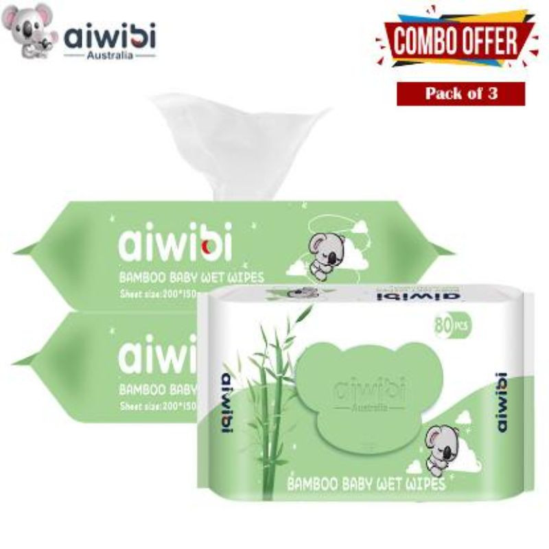 Aiwibi Bamboo Baby Wet Wipes 80Pcs - Pack Of 3