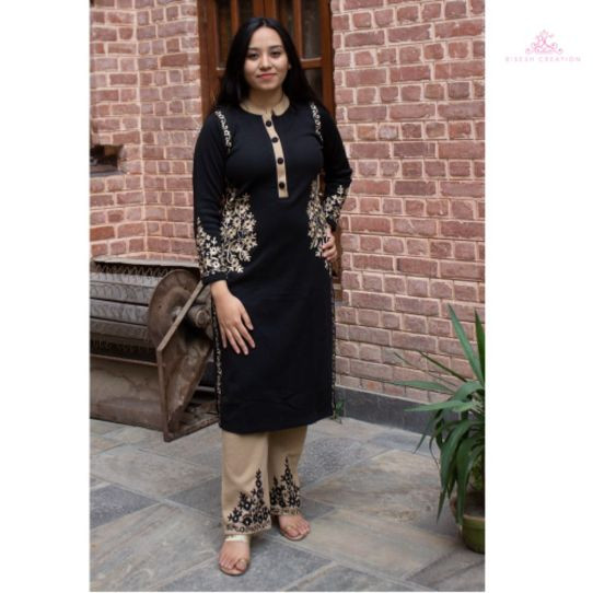 Bisesh Creation Black Embroidered Woolen Kurti And Palazzo Set For Women Qty