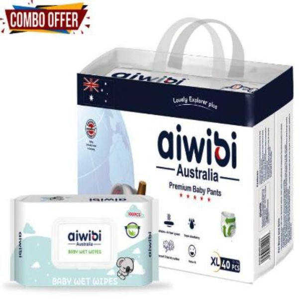 Aiwibi Disposable Breathable Baby Diapers With Elastic Waistband Xl 40Pcs With Baby Wet Wipes