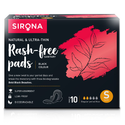 Sirona Biodegradable Super Soft Black Sanitary Pads/Napkins, Antibacterial, Ultra Thin And Rash Free Protection - Small (S) Day Pads (Pack Of 10)