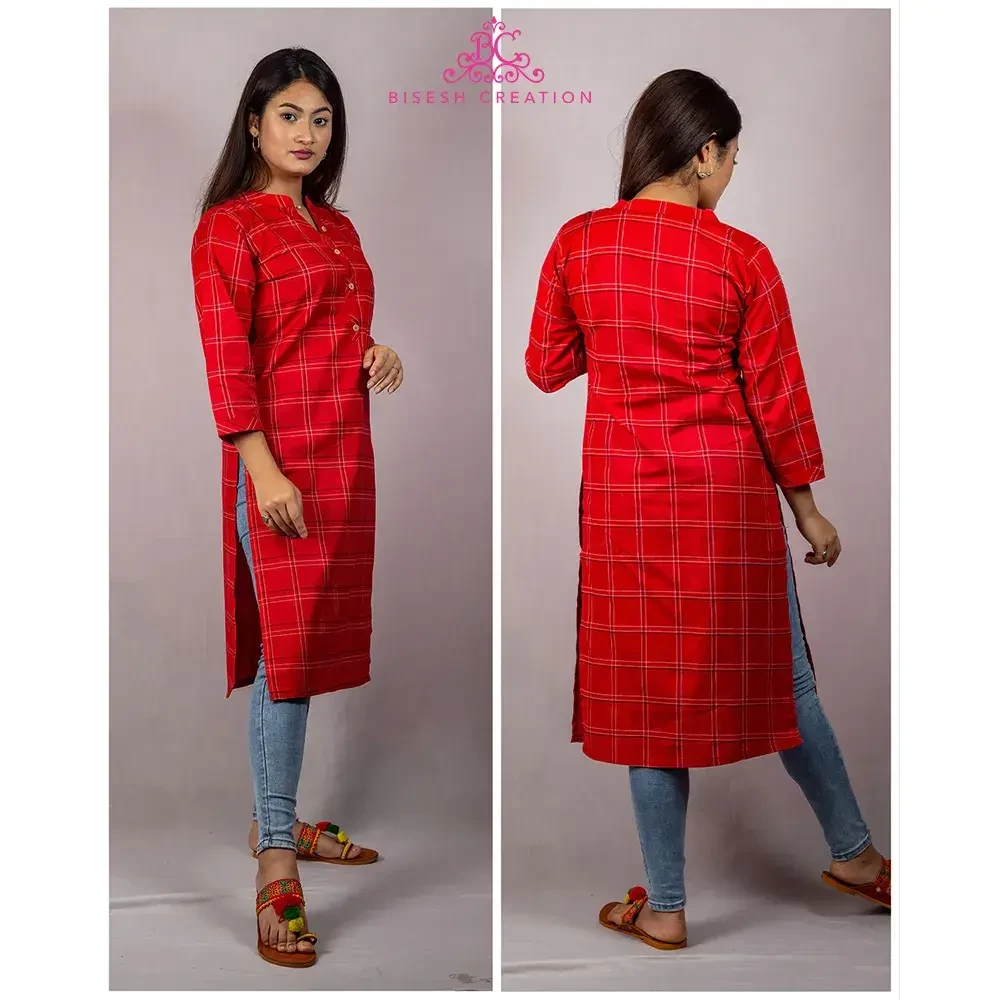 Bisesh Creation Red Checkered Print Cotton Linen Kurti For Women