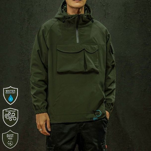 Men's Tactical Streatwear Hoodie Water Repellent 2 Layer(Net Inside) Windbreaker Light Jacket( Kangaroo Jacket)
