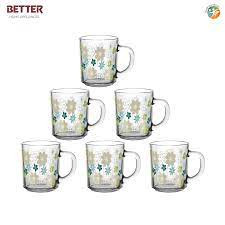 Better Orchid Floral Glassware Tea Cup (225Ml) 6 Pcs With Convenient Solid Handle Cups, Glass Set For Tea, Coffee, Hot/Cold Drinks
