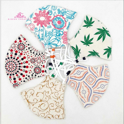 Bisesh Creation Combo Pack Of 5 Fine Cotton Hemp Printed Three Layer Washable Mask With Adjustable Stoppers